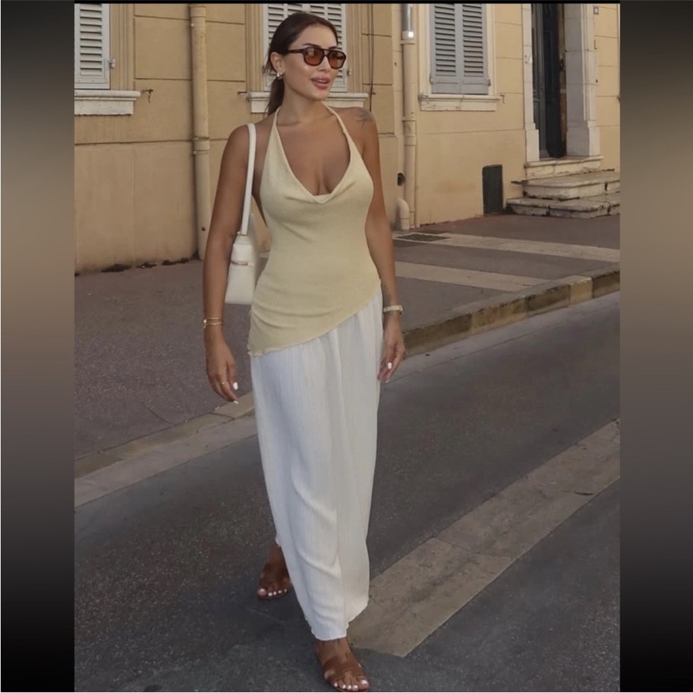 Zara NWT contrasting combination two tone cream and tan maxi halter dress - Picture 3 of 11